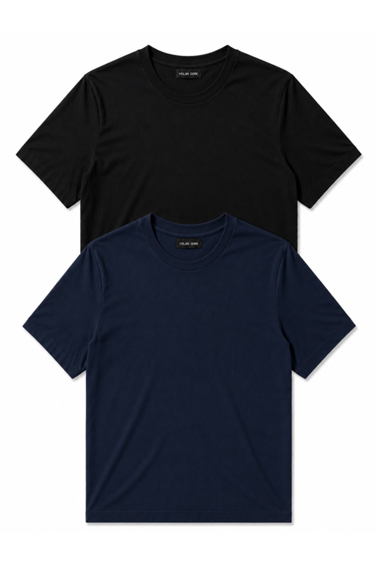 2'li Set Erkek Siyah-Lacivert Pamuklu Slim Fit Bisiklet Yaka Basic Tişört