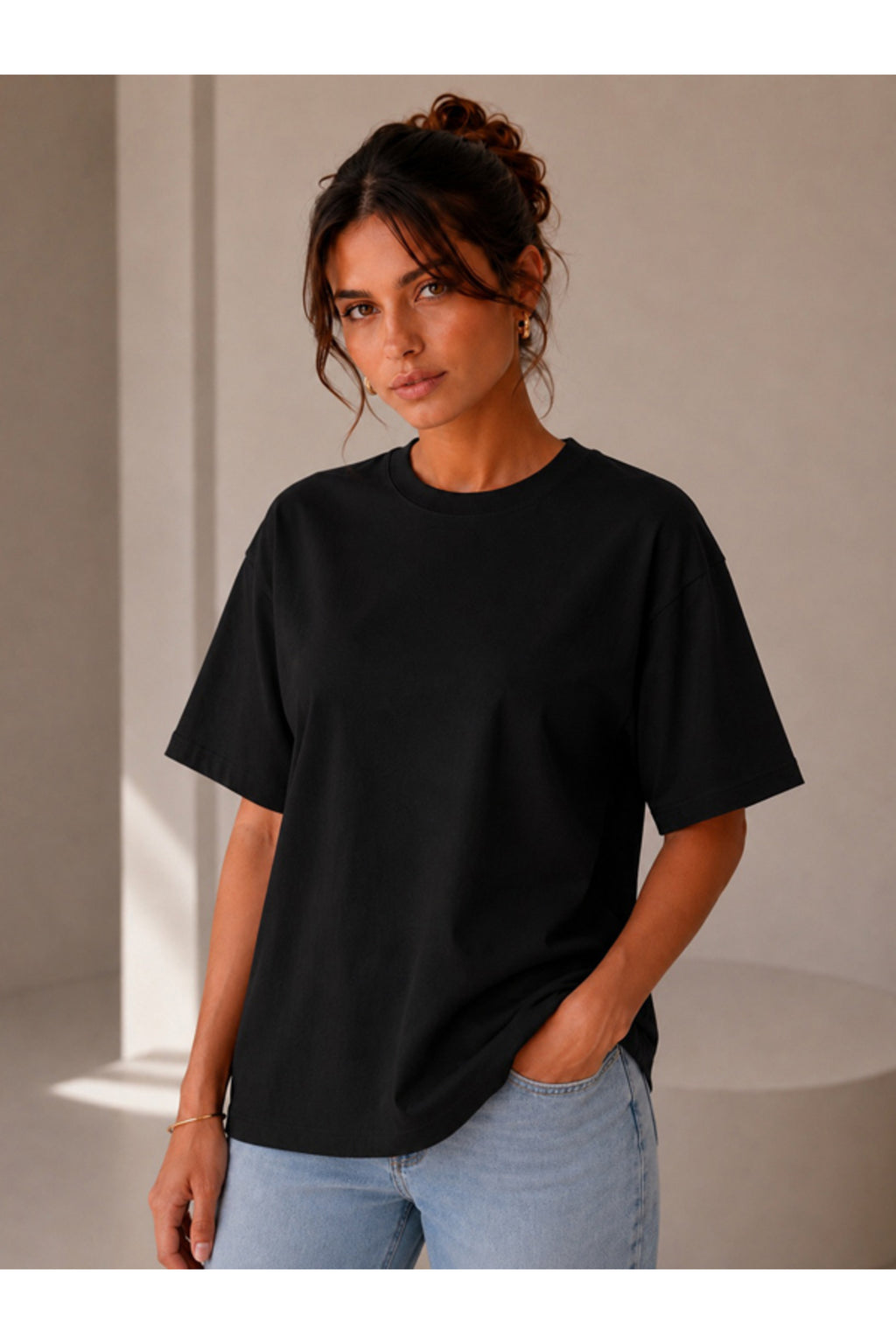 Lacivert Oversize Kadın T-Shirt - Basic Rahat Kesim Bisiklet Yaka Pamuklu Tişört