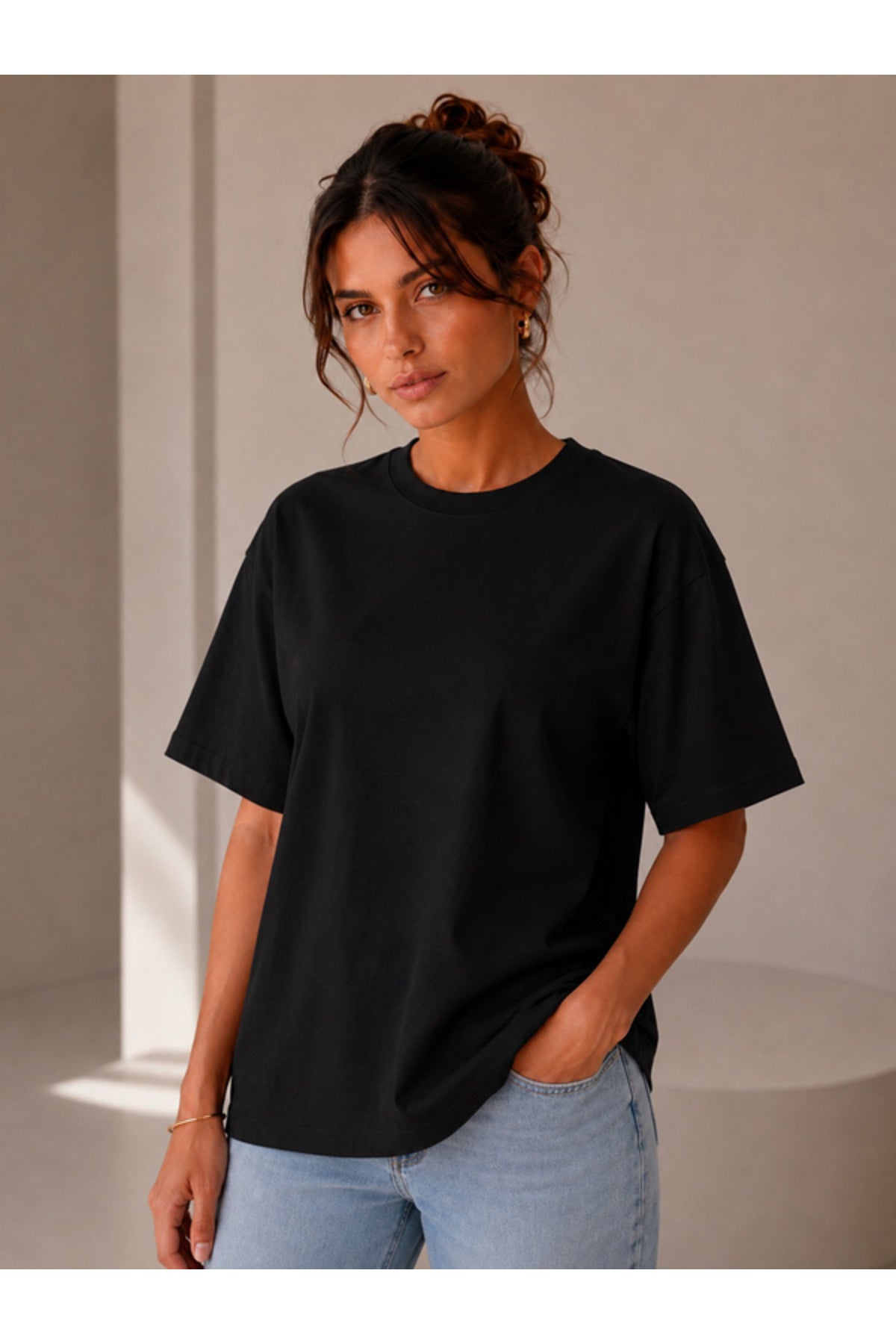 Lacivert Oversize Kadın T-Shirt - Basic Rahat Kesim Bisiklet Yaka Pamuklu Tişört