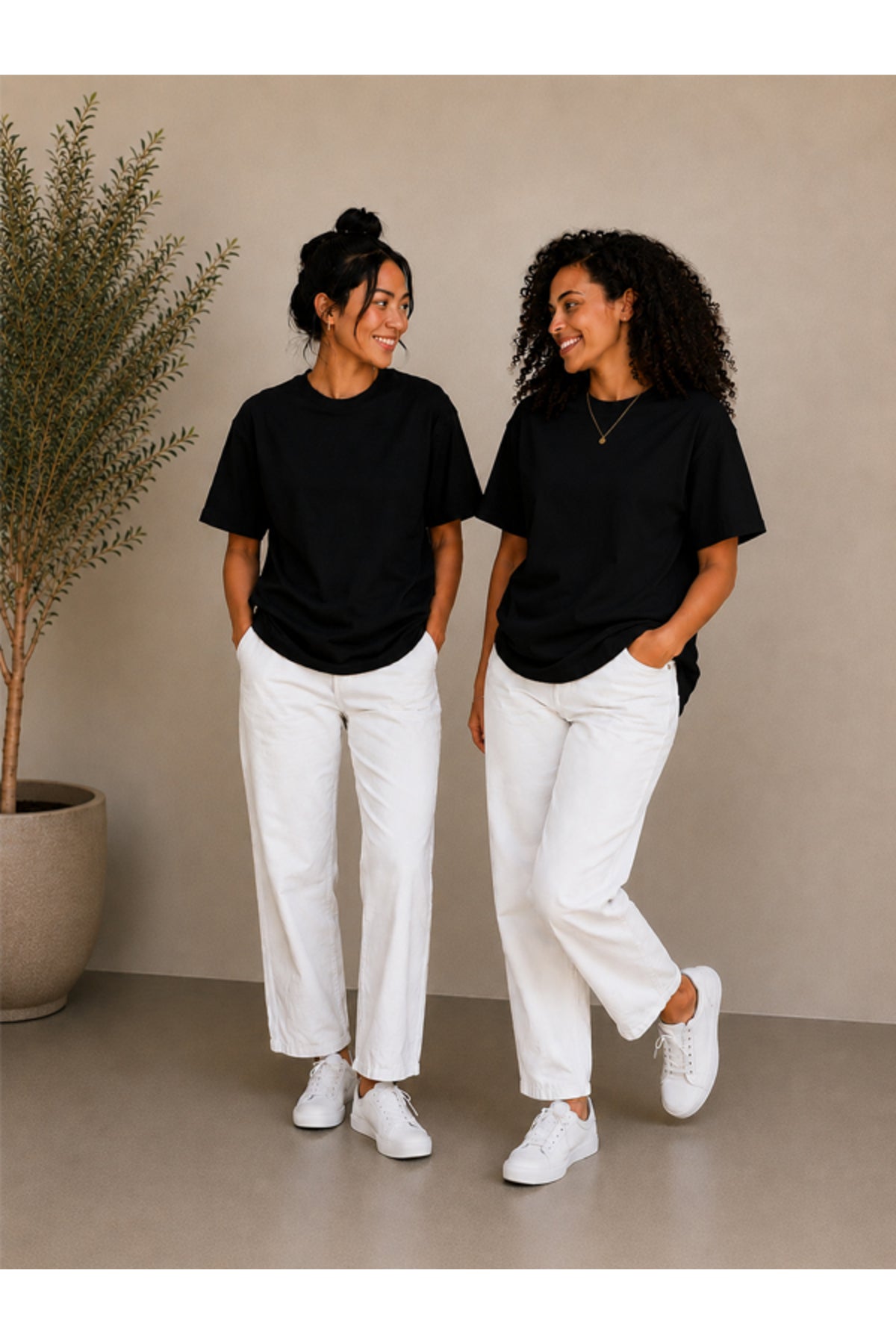 2'li Set Siyah-Siyah Oversize Kadın T-Shirt - Bisiklet Yaka Pamuklu Tişört