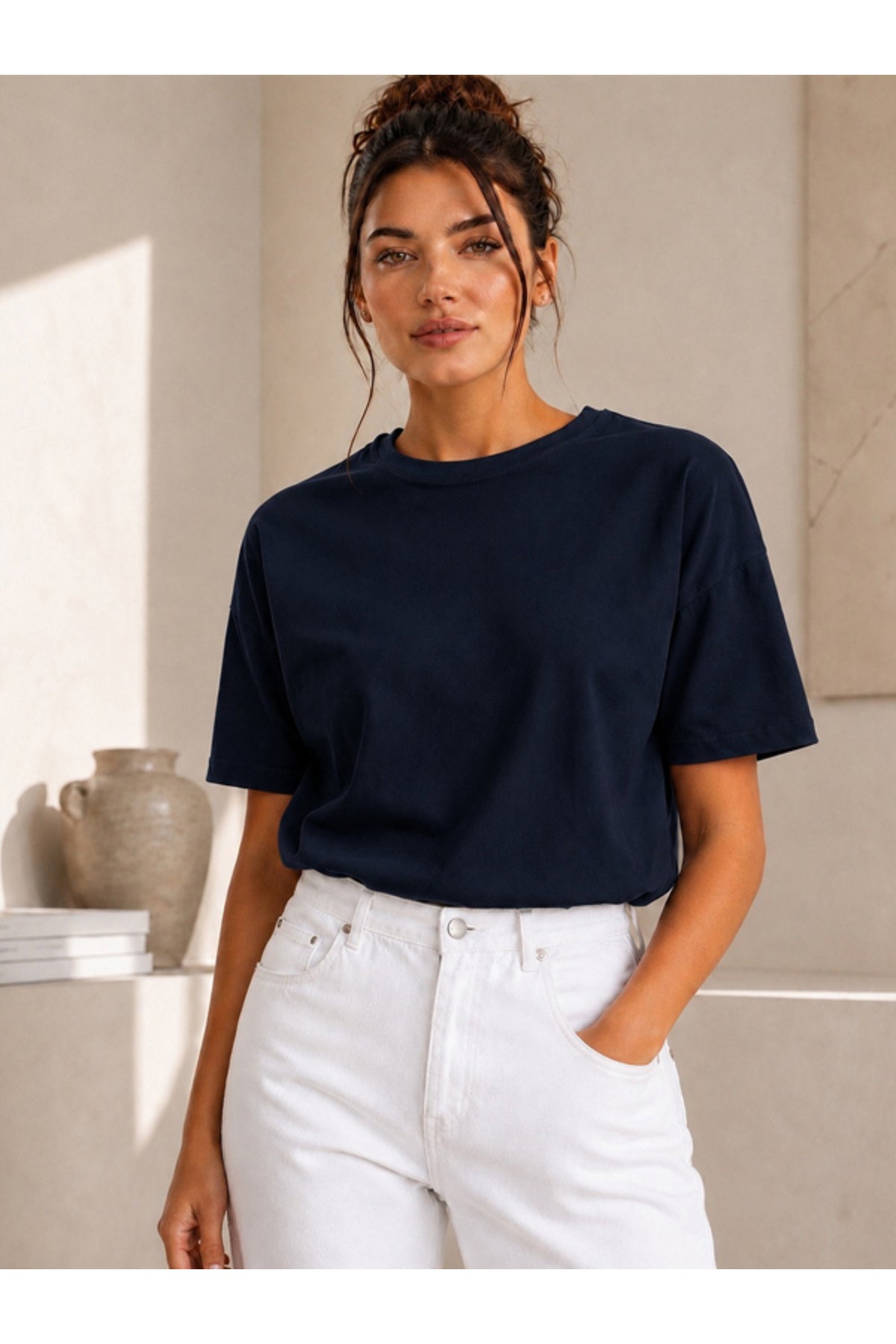 Kadın Siyah Basic T-Shirt - Basic Rahat Kesim Bisiklet Yaka Pamuklu Tişört