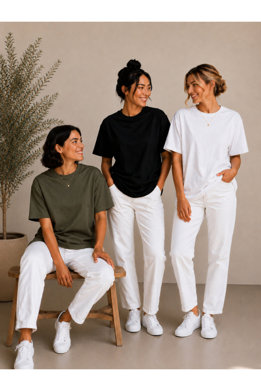 3'lü Set Bej-Siyah-Beyaz Oversize Kadın T-Shirt - Bisiklet Yaka Pamuklu Tişört