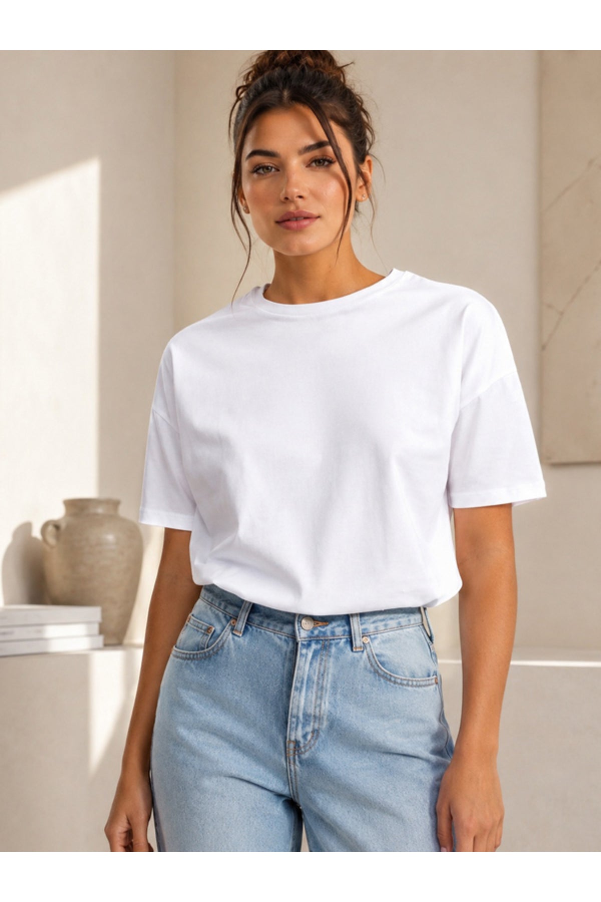 Kadın Siyah Basic T-Shirt - Basic Rahat Kesim Bisiklet Yaka Pamuklu Tişört
