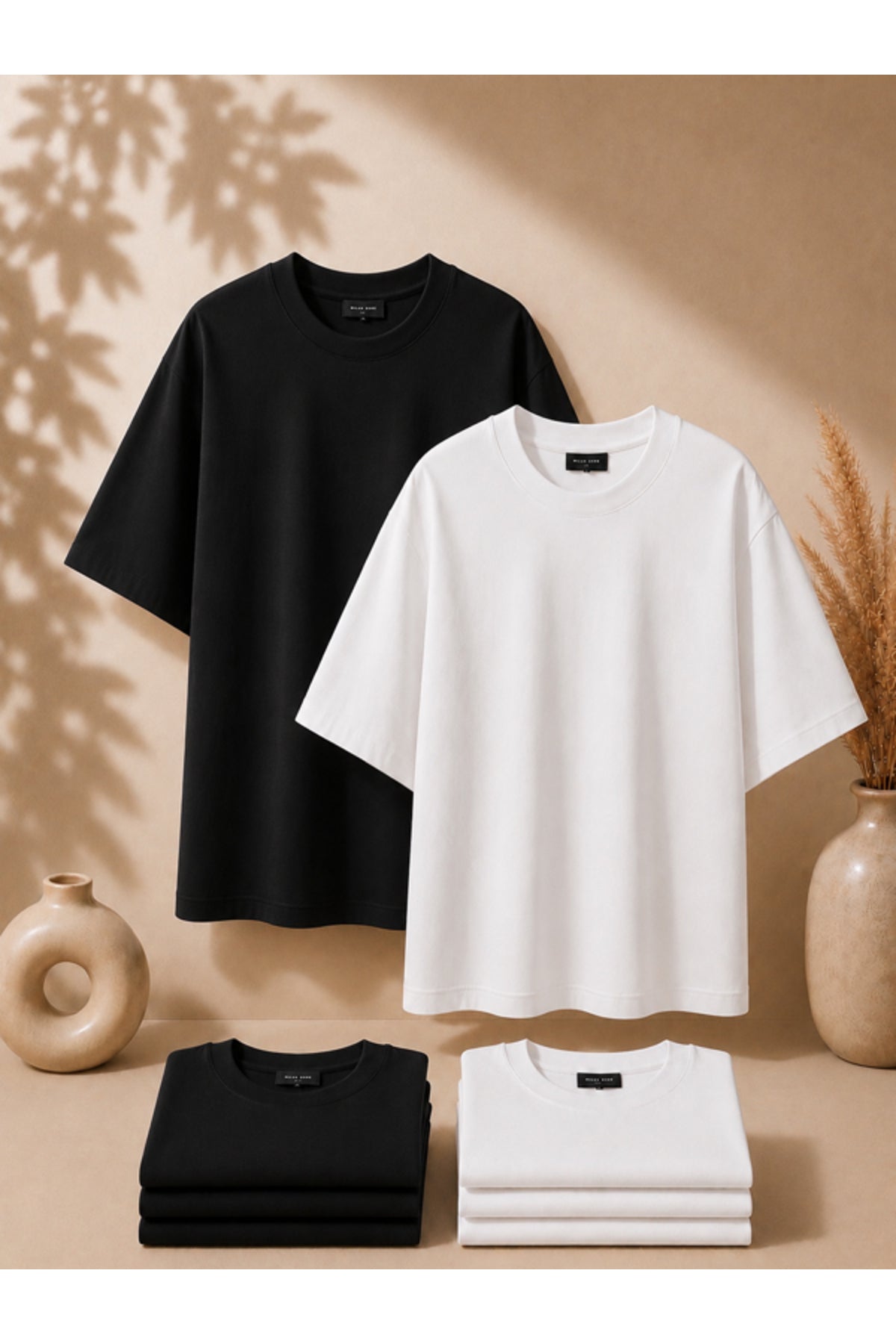 2'li Paket Unisex Siyah-Siyah Oversize T-shirt Seti - Bisiklet Yaka Basic Tişört