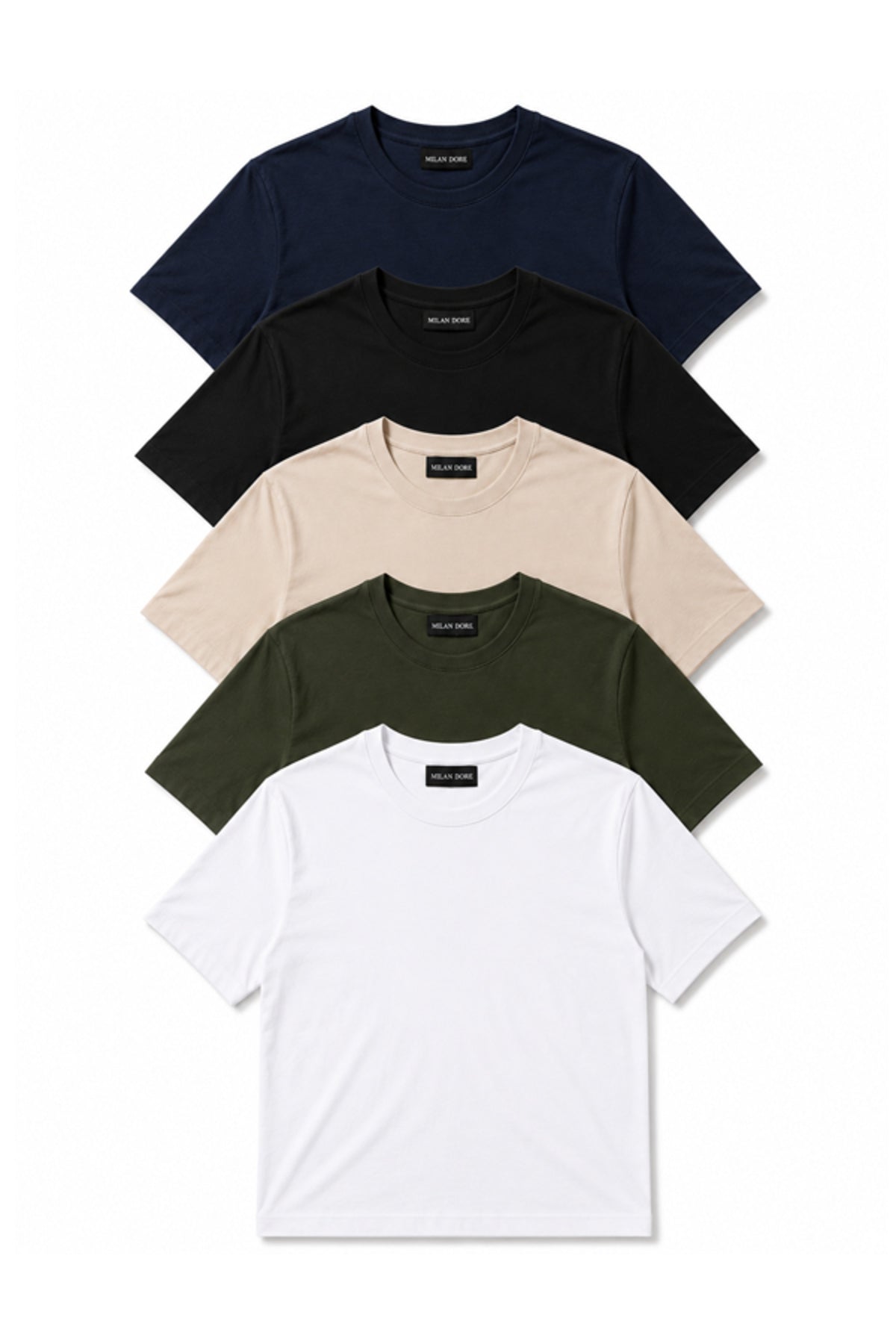 5'li Set Erkek Beyaz-Haki-Bej-Siyah-Laci Slim Fit Bisiklet Yaka Basic Tişört