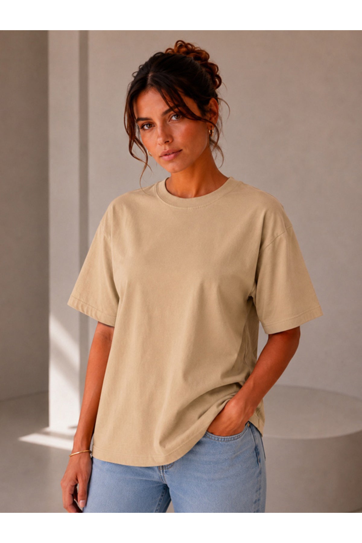 Lacivert Oversize Kadın T-Shirt - Basic Rahat Kesim Bisiklet Yaka Pamuklu Tişört