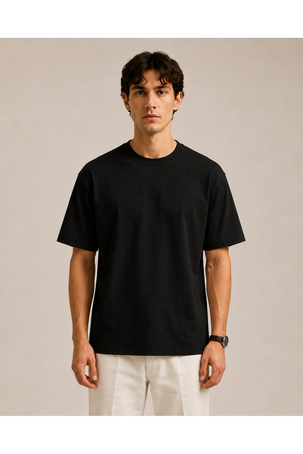 Erkek Unisex Oversize %100 Pamuk Bisiklet Yakalı Siyah T-Shirt