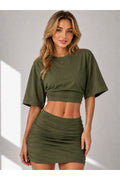 Kadın Haki Bisiklet Yaka Yarasa Kol Crop T-shirt