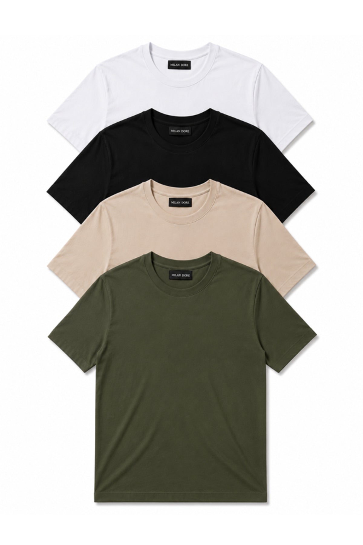 4'lü Set Erkek Haki-Bej-Beyaz-Siyah Slim Fit Bisiklet Yaka Basic Tişört