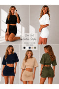 5'li Paket Siyah-Beyaz-Lacivert-Bej-Haki Kadın Bisiklet Yaka Yarasa Kol Crop T-Shirt