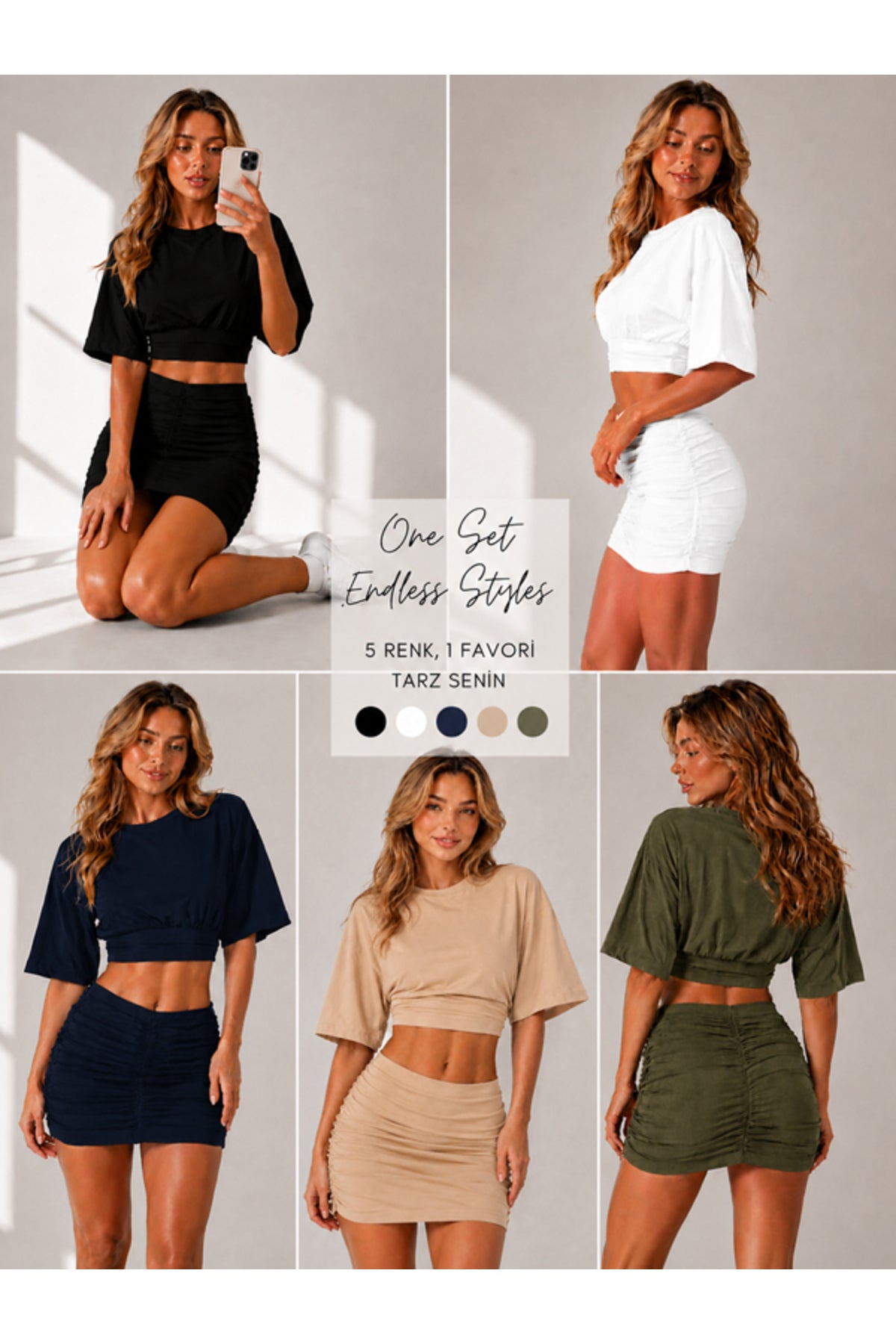 5'li Paket Siyah-Beyaz-Lacivert-Bej-Haki Kadın Bisiklet Yaka Yarasa Kol Crop T-Shirt