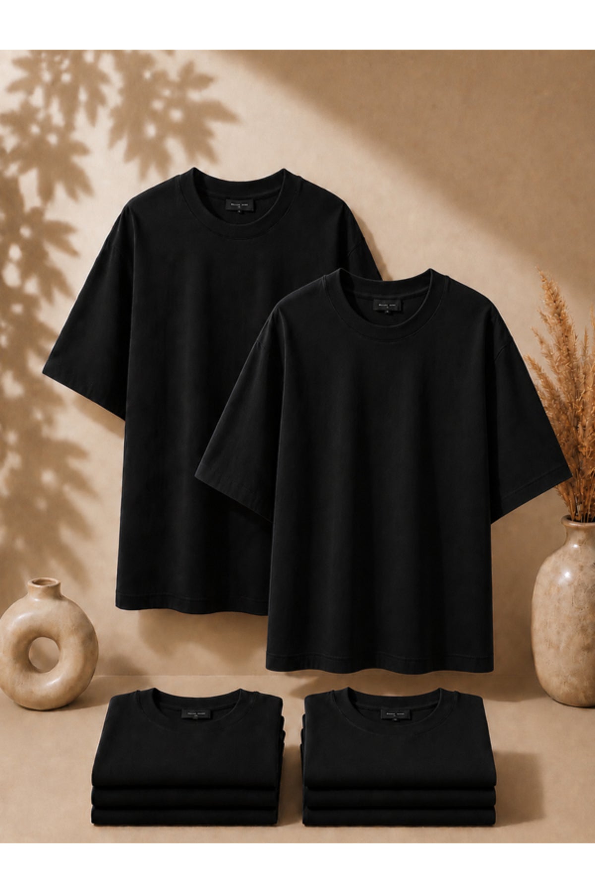 2'li Paket Unisex Siyah-Siyah Oversize T-shirt Seti - Bisiklet Yaka Basic Tişört