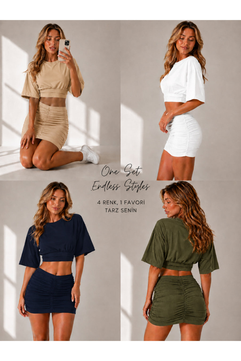 4'lü Paket Bej-Beyaz-Siyah-Haki Kadın Bisiklet Yaka Yarasa Kol Crop T-Shirt