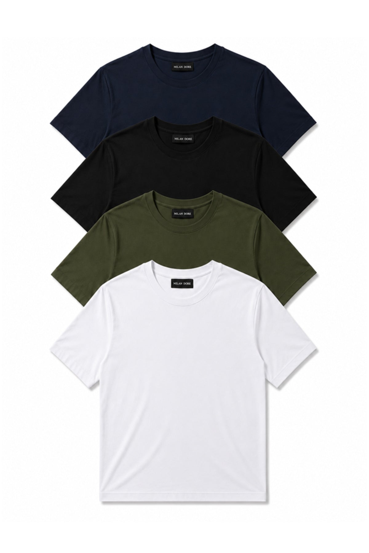 4'lü Set Erkek Haki-Bej-Beyaz-Siyah Slim Fit Bisiklet Yaka Basic Tişört