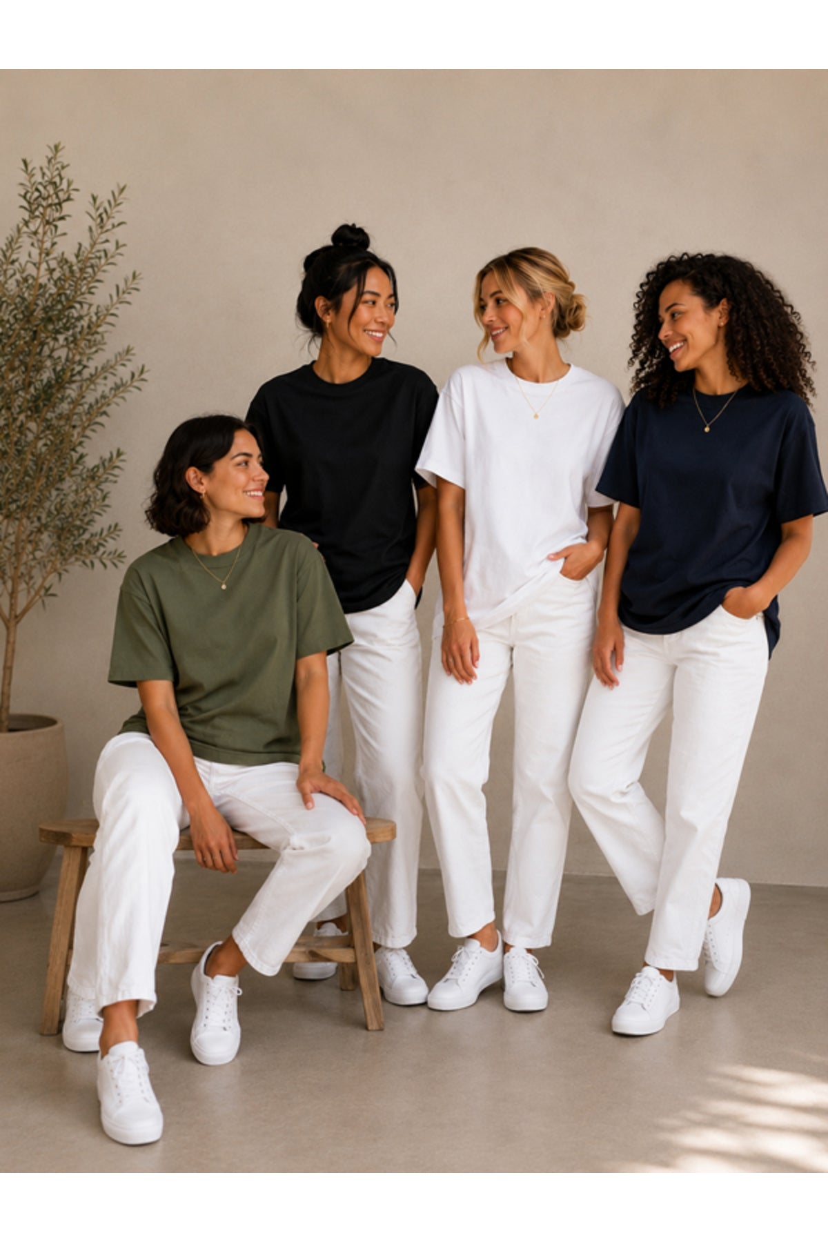 4'lü Set Haki-Siyah-Beyaz-Laci Oversize Kadın T-Shirt - Bisiklet Yaka Pamuklu Tişört