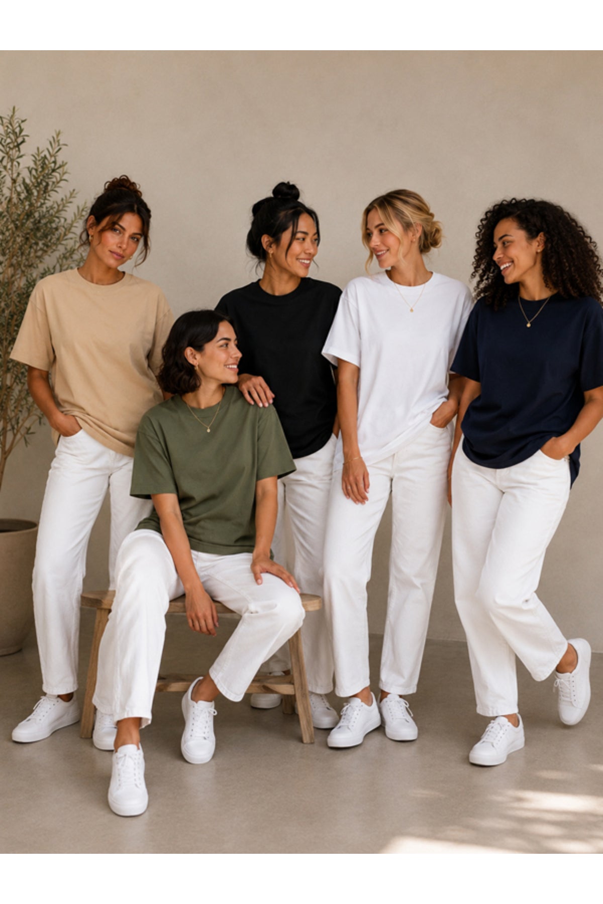 5'li Set Bej-Haki-Siyah-Beyaz-Laci Oversize Kadın T-Shirt - Bisiklet Yaka Pamuklu Tişört