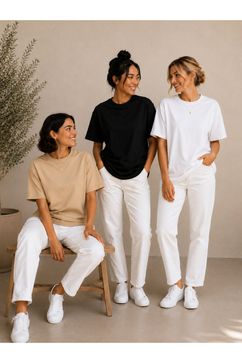 3'lü Set Bej-Siyah-Beyaz Oversize Kadın T-Shirt - Bisiklet Yaka Pamuklu Tişört