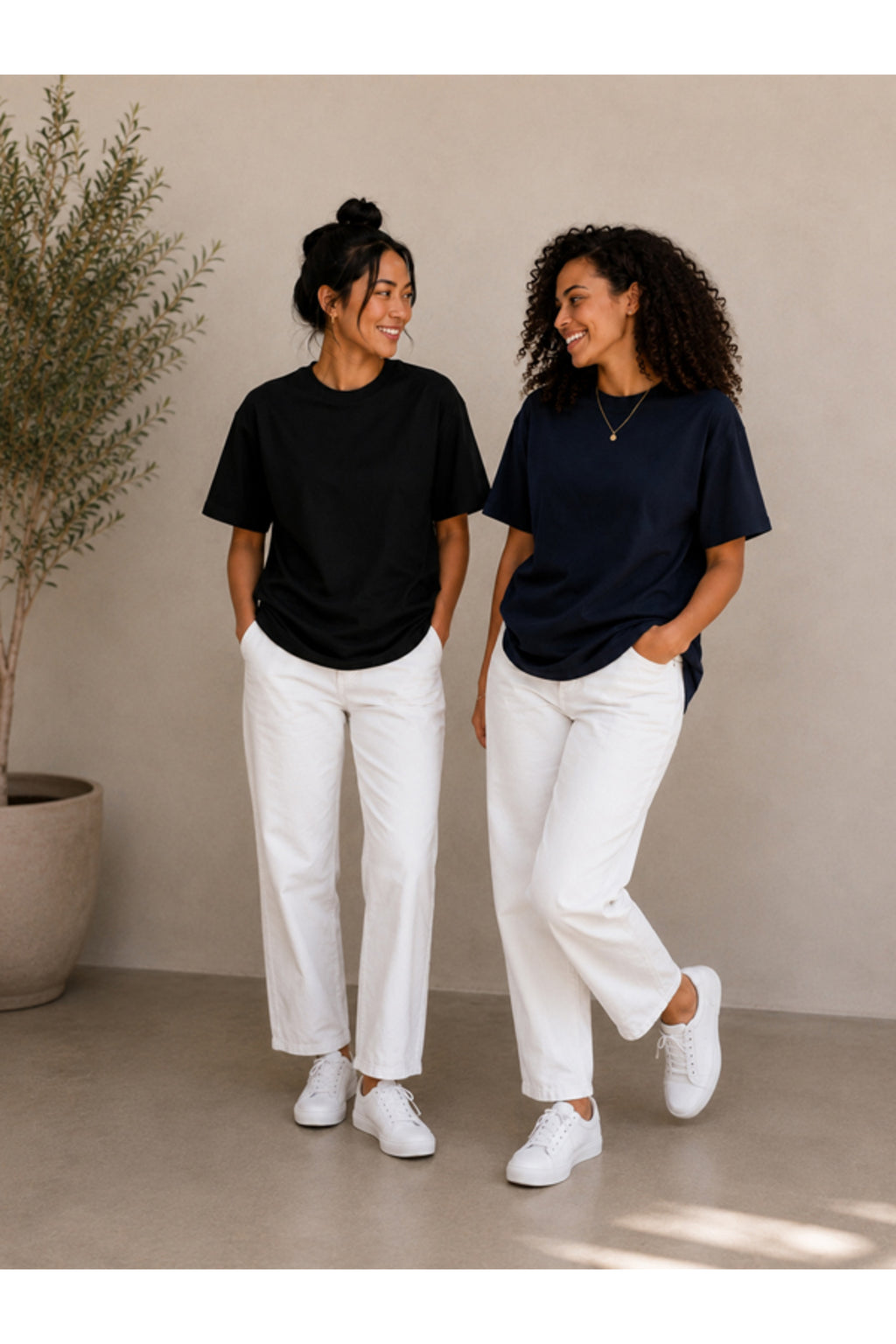 2'li Set Siyah-Siyah Oversize Kadın T-Shirt - Bisiklet Yaka Pamuklu Tişört