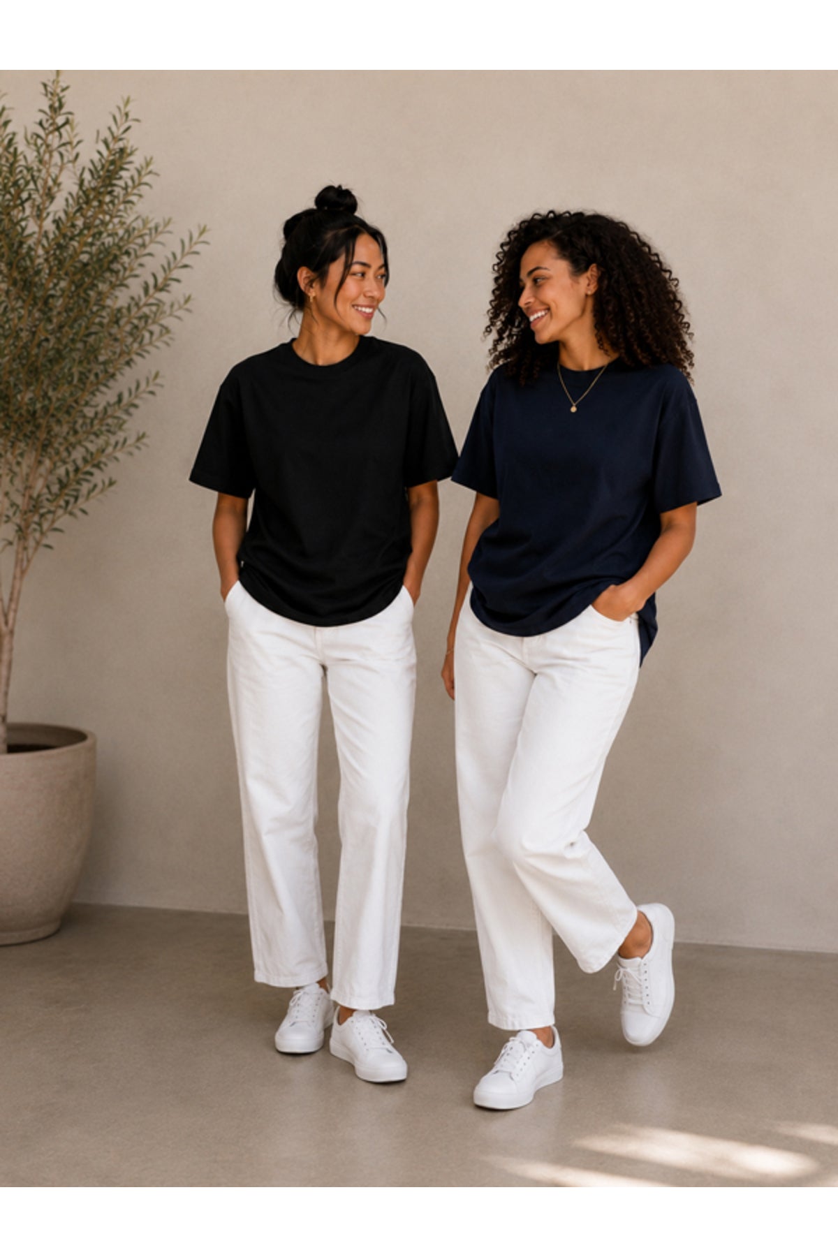 2'li Set Siyah-Siyah Oversize Kadın T-Shirt - Bisiklet Yaka Pamuklu Tişört