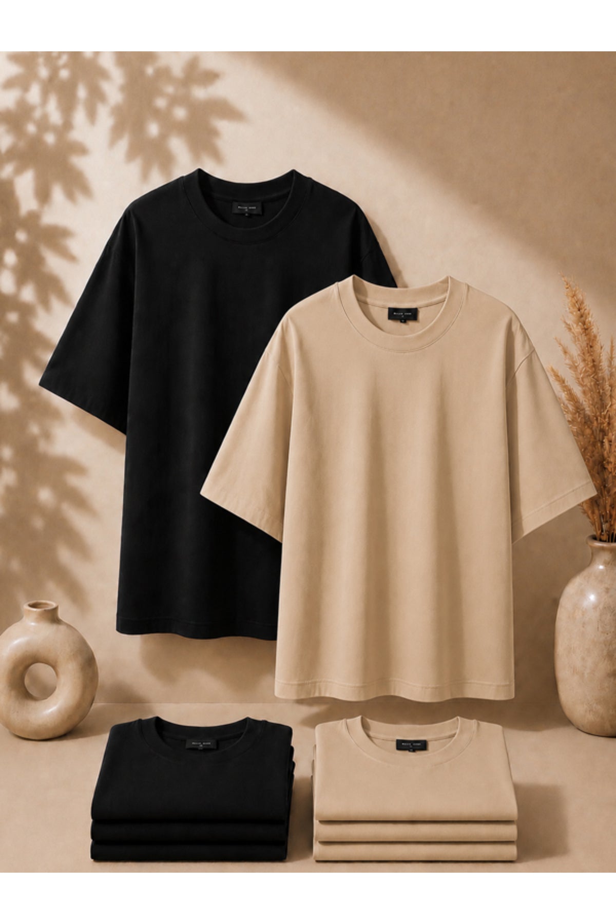 2'li Paket Unisex Siyah-Siyah Oversize T-shirt Seti - Bisiklet Yaka Basic Tişört