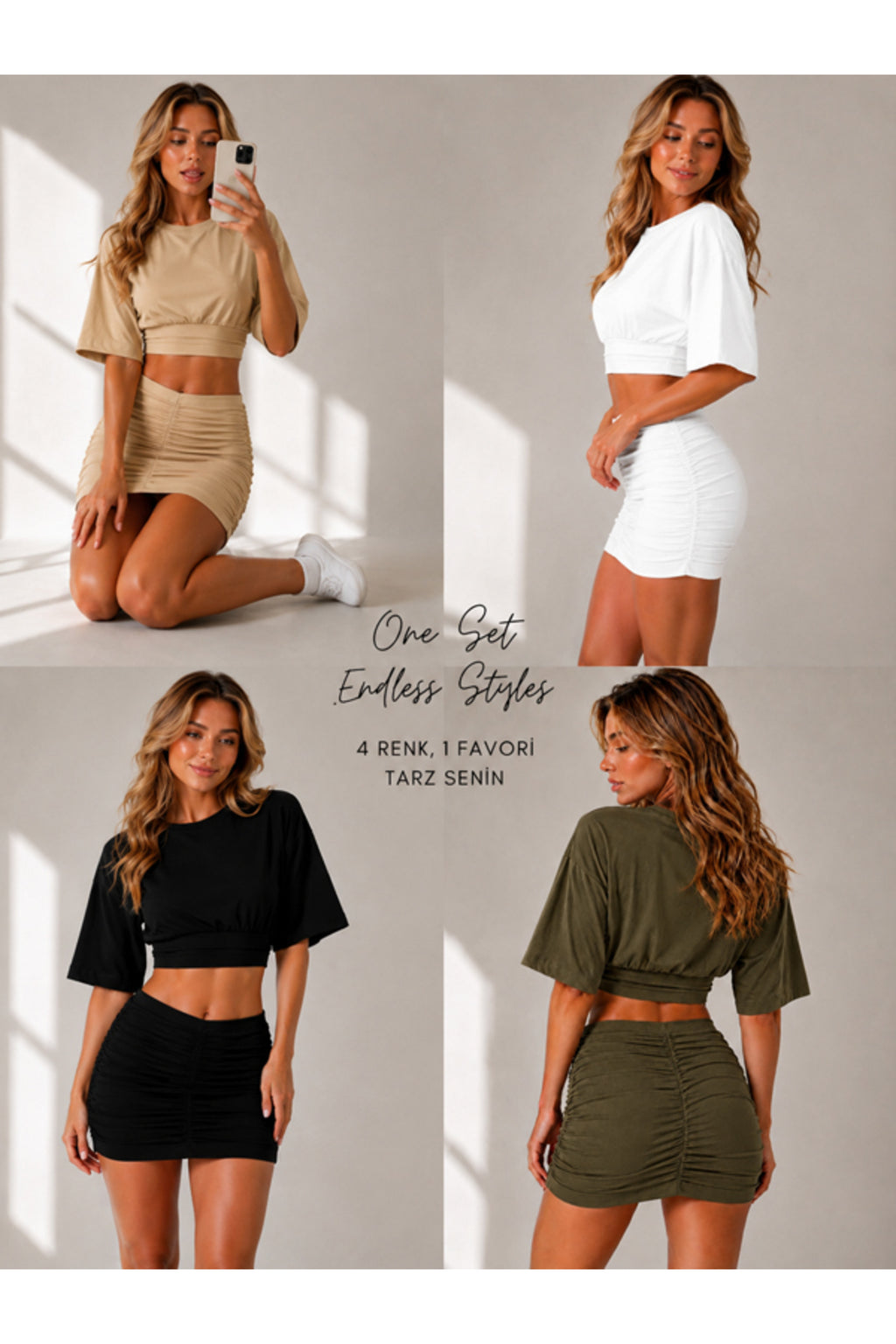 4'lü Paket Bej-Beyaz-Siyah-Haki Kadın Bisiklet Yaka Yarasa Kol Crop T-Shirt