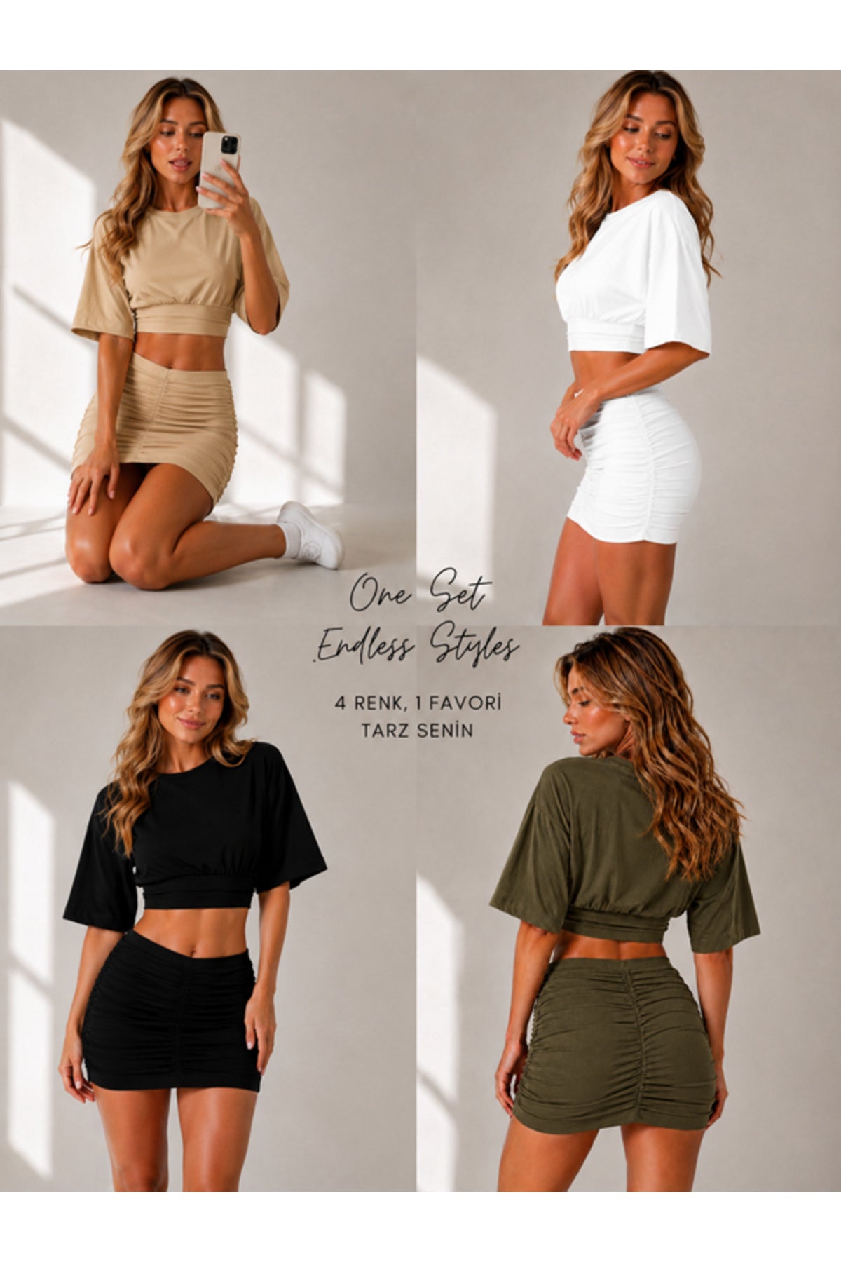 4'lü Paket Bej-Beyaz-Siyah-Haki Kadın Bisiklet Yaka Yarasa Kol Crop T-Shirt