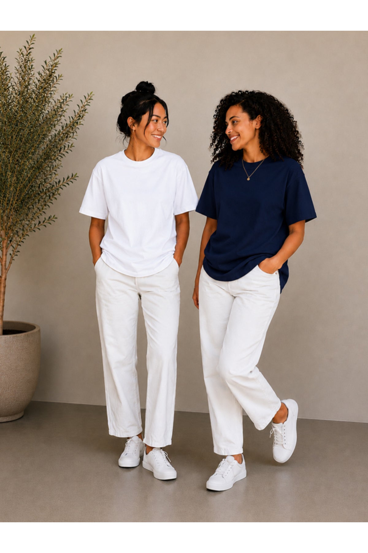 2'li Set Siyah-Siyah Oversize Kadın T-Shirt - Bisiklet Yaka Pamuklu Tişört