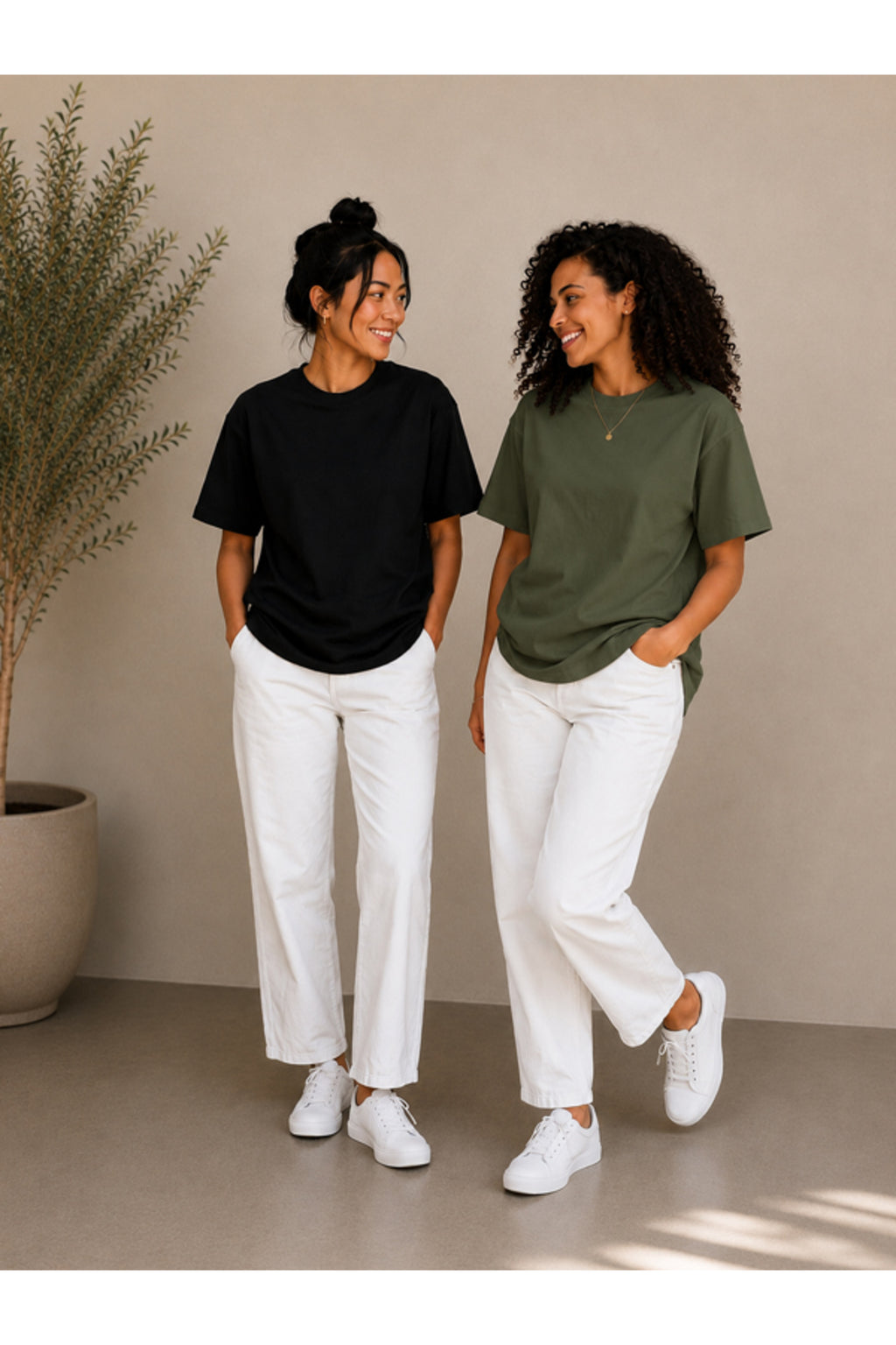 2'li Set Siyah-Siyah Oversize Kadın T-Shirt - Bisiklet Yaka Pamuklu Tişört
