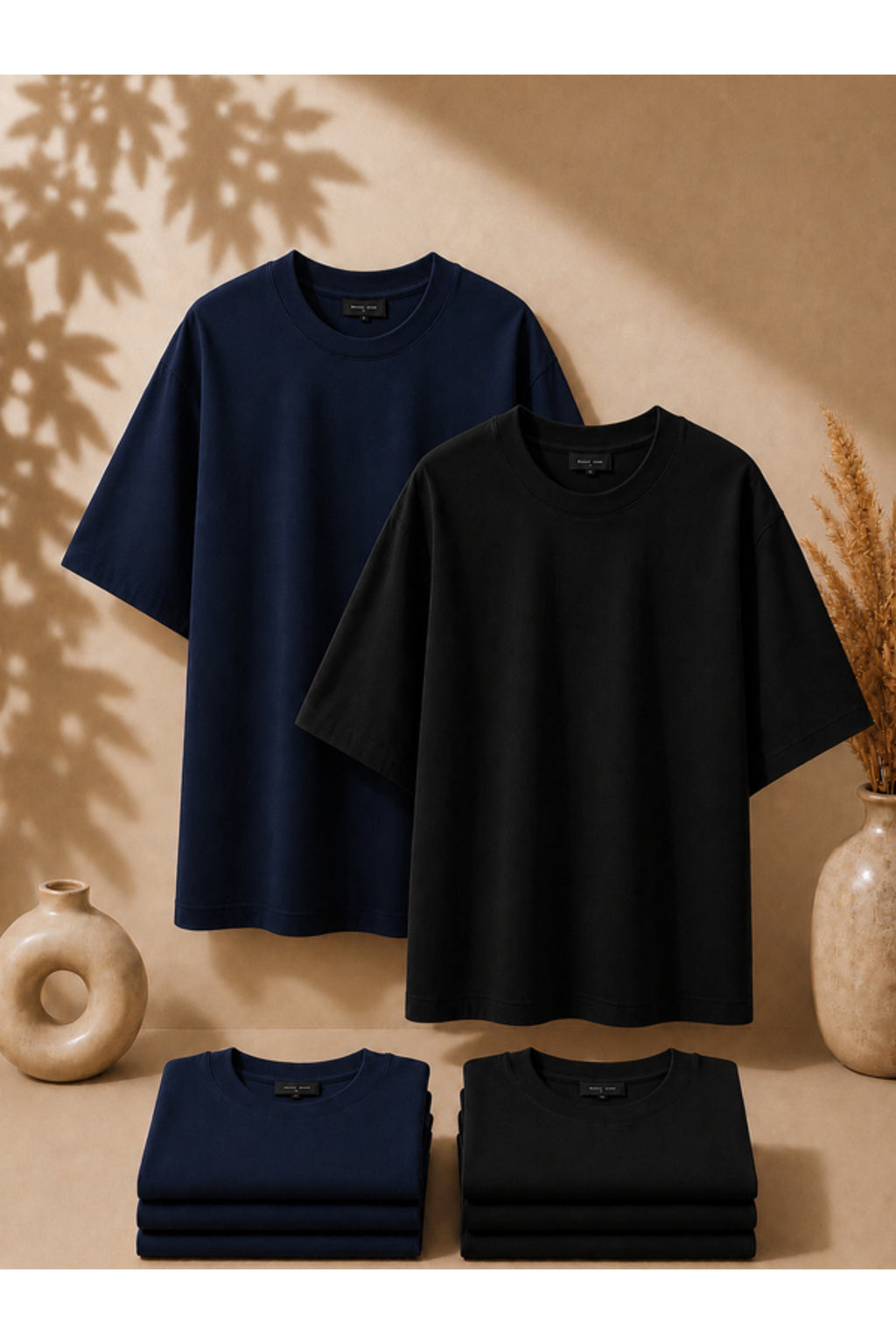 2'li Paket Unisex Siyah-Siyah Oversize T-shirt Seti - Bisiklet Yaka Basic Tişört
