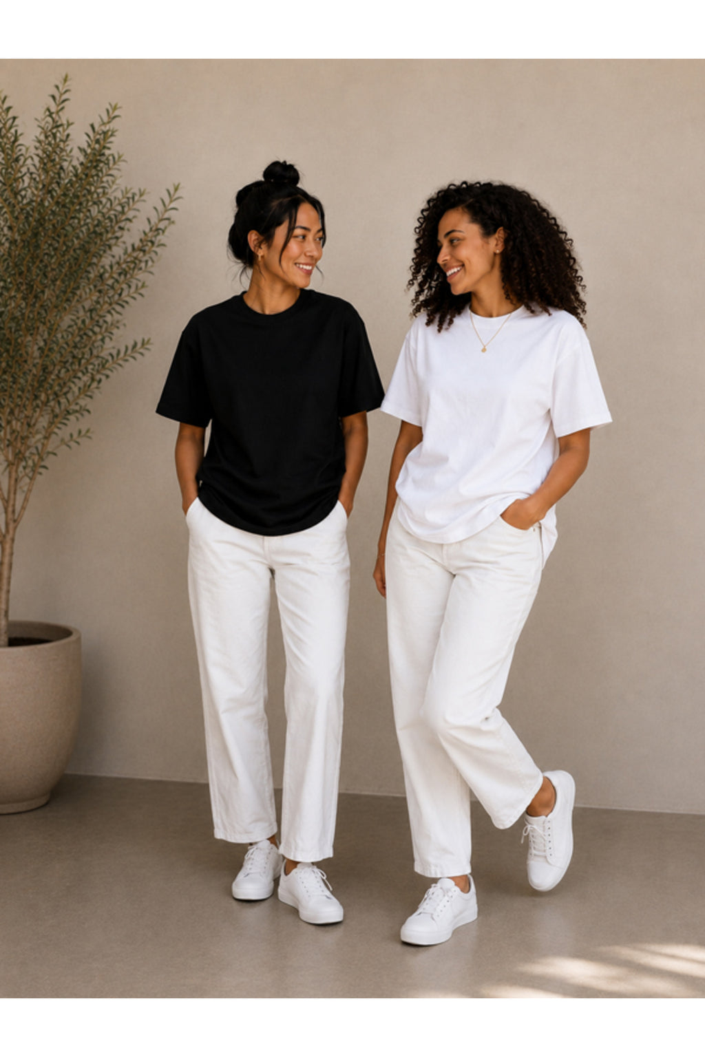 2'li Set Siyah-Siyah Oversize Kadın T-Shirt - Bisiklet Yaka Pamuklu Tişört