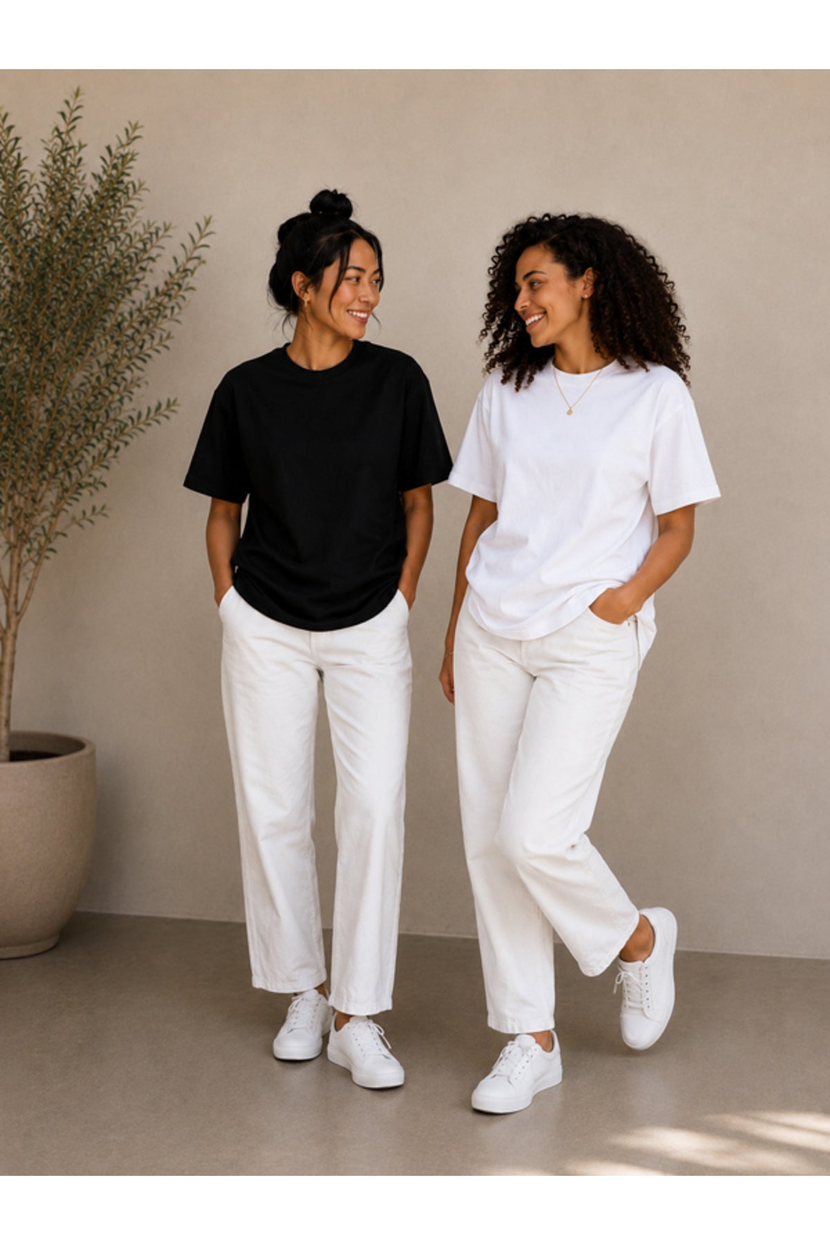2'li Set Siyah-Siyah Oversize Kadın T-Shirt - Bisiklet Yaka Pamuklu Tişört