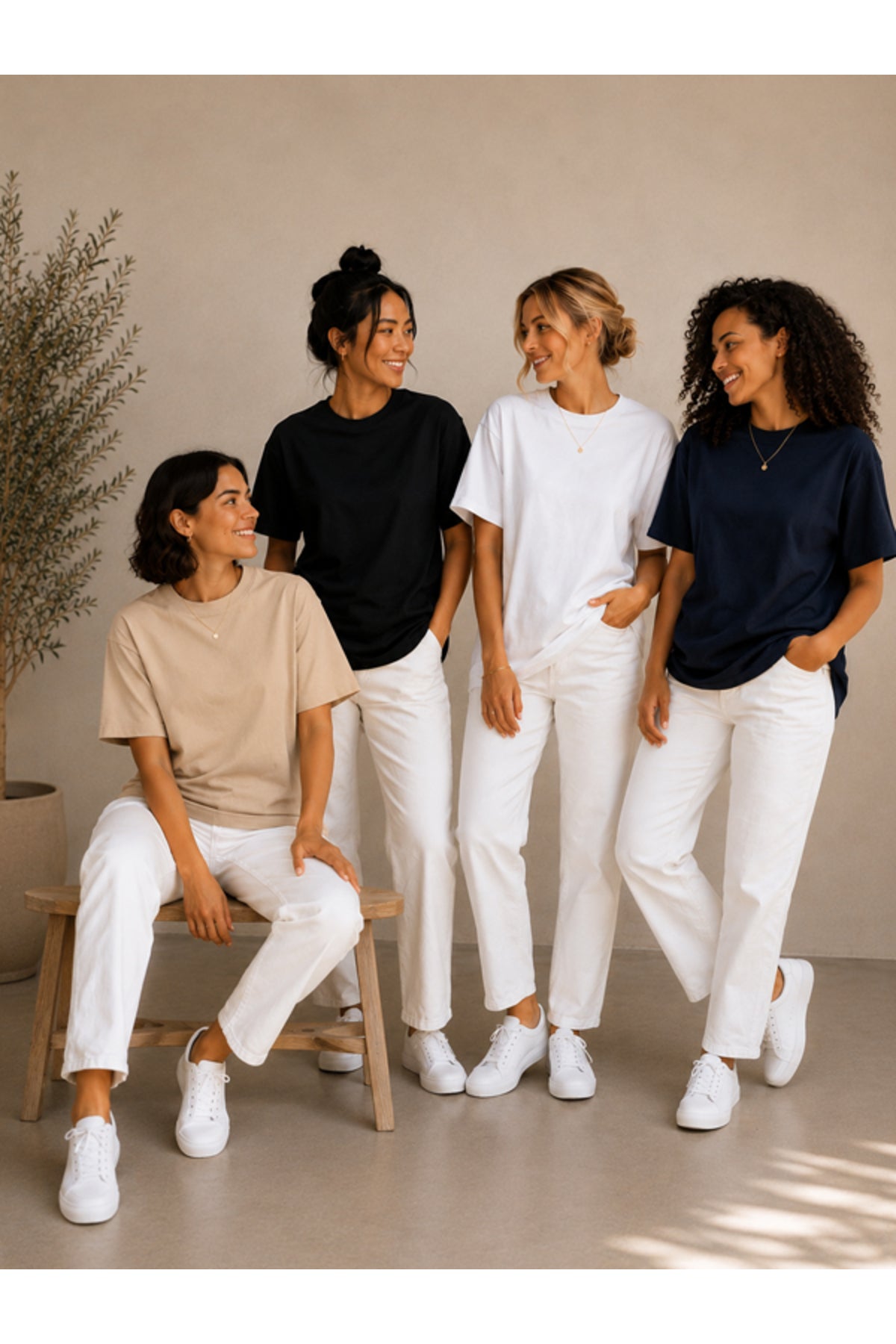 4'lü Set Haki-Siyah-Beyaz-Laci Oversize Kadın T-Shirt - Bisiklet Yaka Pamuklu Tişört