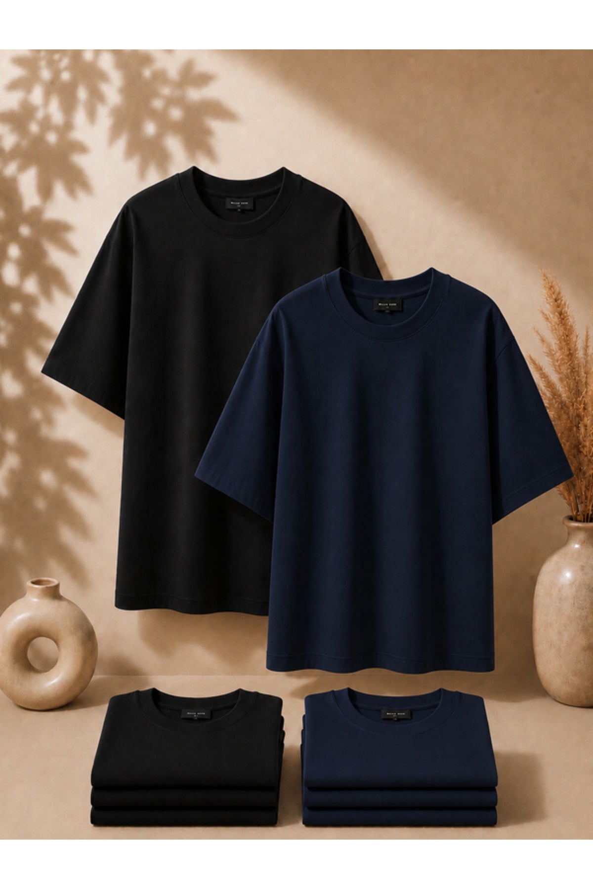 2'li Paket Unisex Siyah-Siyah Oversize T-shirt Seti - Bisiklet Yaka Basic Tişört