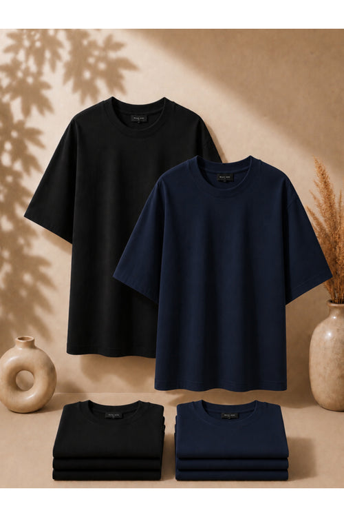 2'li Paket Unisex Siyah-Siyah Oversize T-shirt Seti - Bisiklet Yaka Basic Tişört