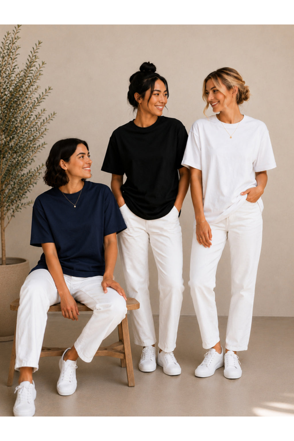 3'lü Set Bej-Siyah-Beyaz Oversize Kadın T-Shirt - Bisiklet Yaka Pamuklu Tişört
