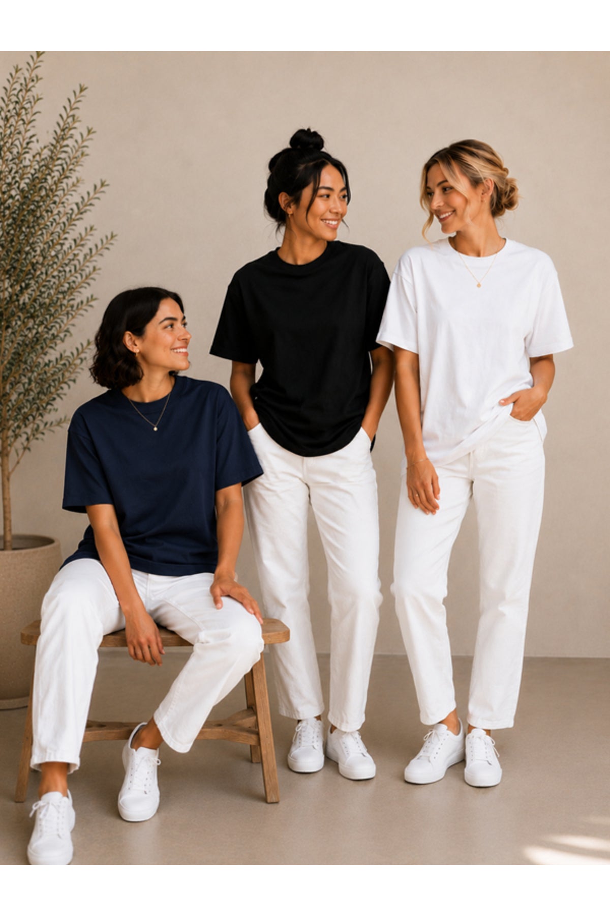 3'lü Set Bej-Siyah-Beyaz Oversize Kadın T-Shirt - Bisiklet Yaka Pamuklu Tişört
