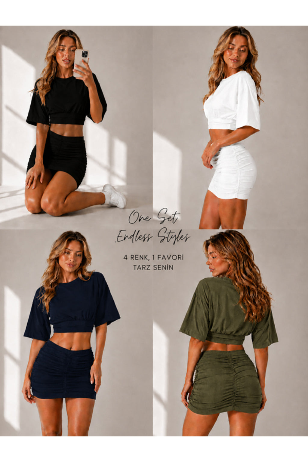 4'lü Paket Bej-Beyaz-Siyah-Haki Kadın Bisiklet Yaka Yarasa Kol Crop T-Shirt