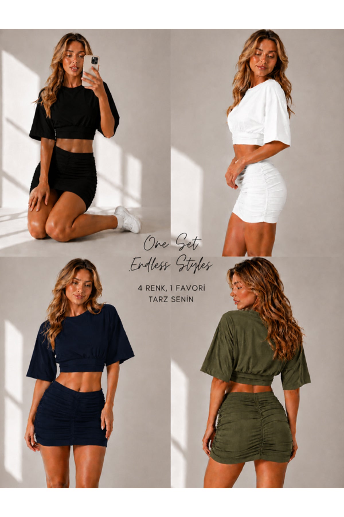 4'lü Paket Bej-Beyaz-Siyah-Haki Kadın Bisiklet Yaka Yarasa Kol Crop T-Shirt