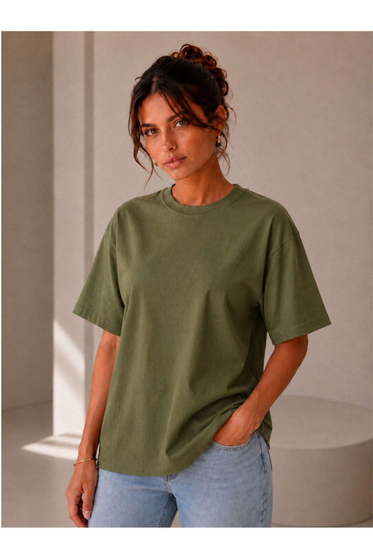 Lacivert Oversize Kadın T-Shirt - Basic Rahat Kesim Bisiklet Yaka Pamuklu Tişört