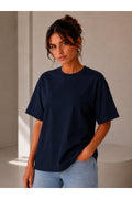 Lacivert Oversize Kadın T-Shirt - Basic Rahat Kesim Bisiklet Yaka Pamuklu Tişört
