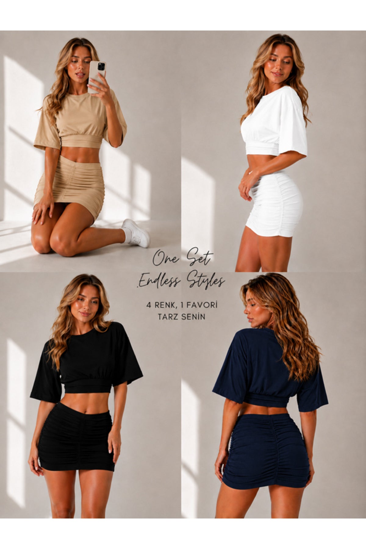 4'lü Paket Bej-Beyaz-Siyah-Haki Kadın Bisiklet Yaka Yarasa Kol Crop T-Shirt