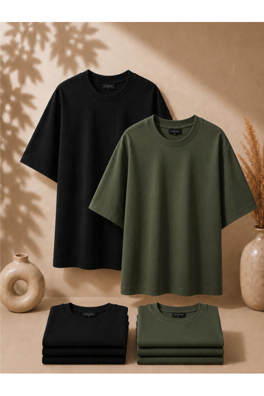 2'li Paket Unisex Siyah-Siyah Oversize T-shirt Seti - Bisiklet Yaka Basic Tişört