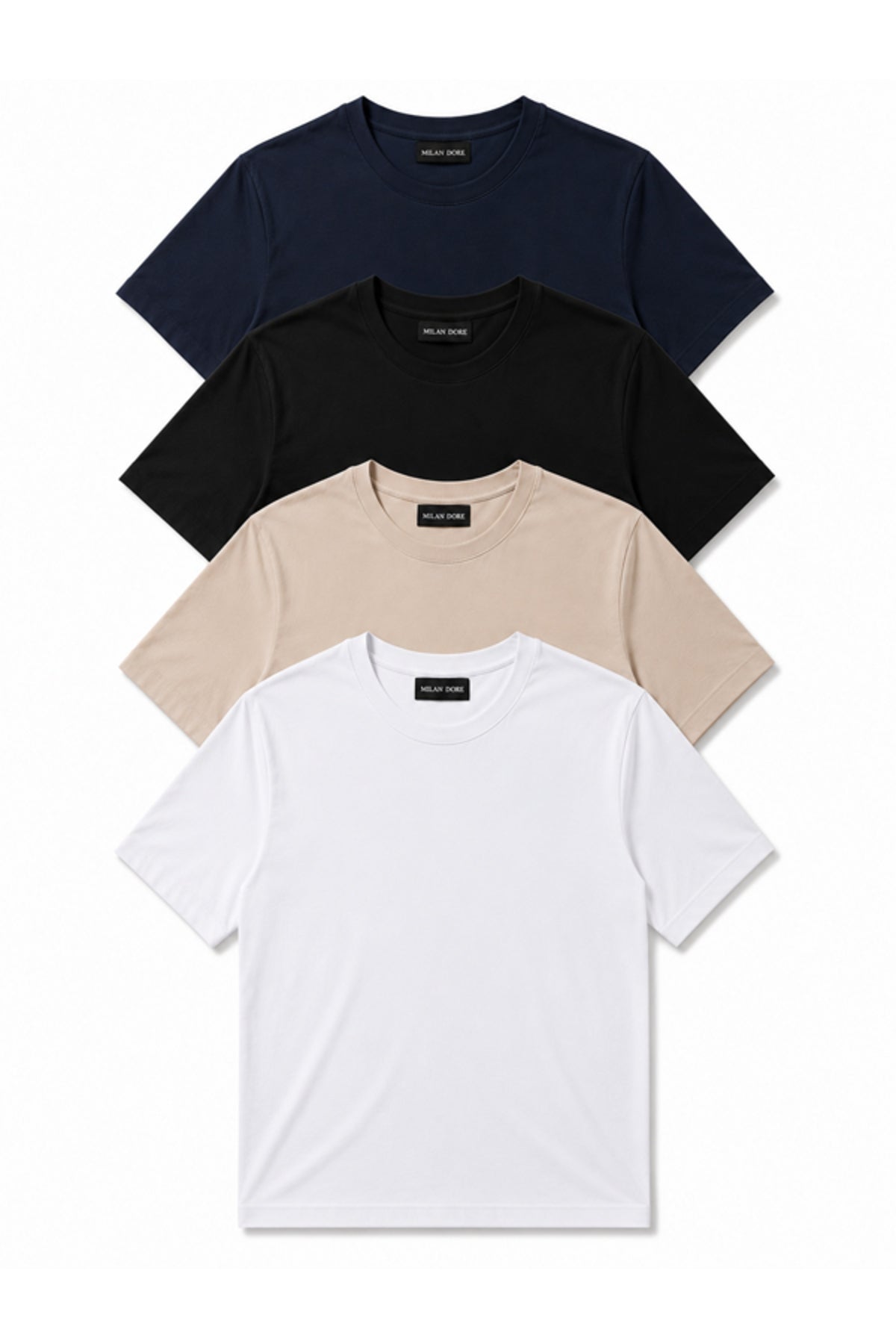 4'lü Set Erkek Haki-Bej-Beyaz-Siyah Slim Fit Bisiklet Yaka Basic Tişört