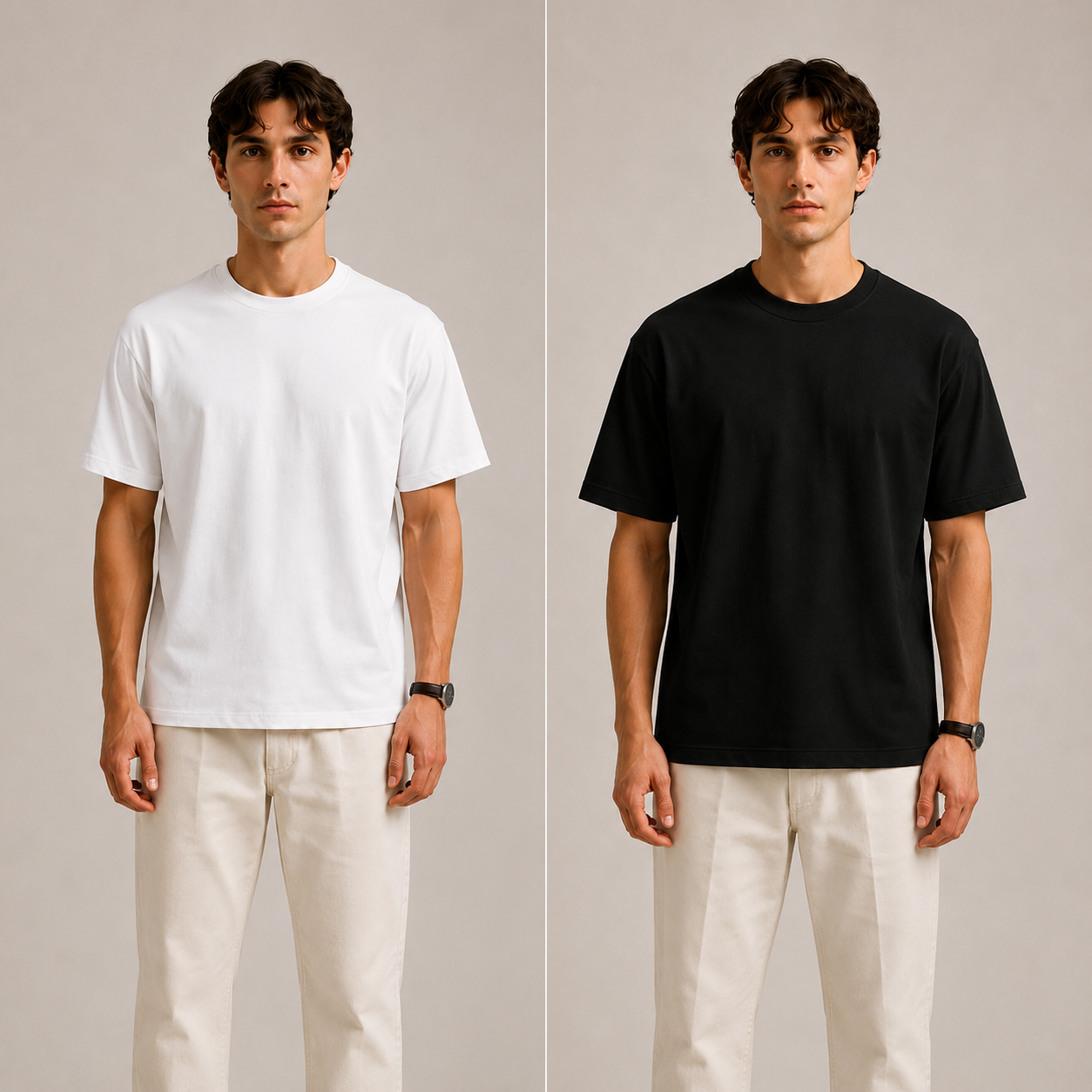 2 Adet Erkek Oversize %100 Pamuk Bej T-Shirt