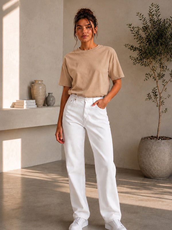 Kadın Basic Bej %100 Pamuk T-Shirt