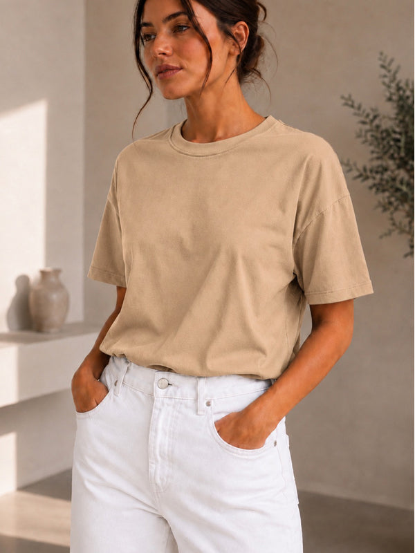 Kadın Basic Bej %100 Pamuk T-Shirt