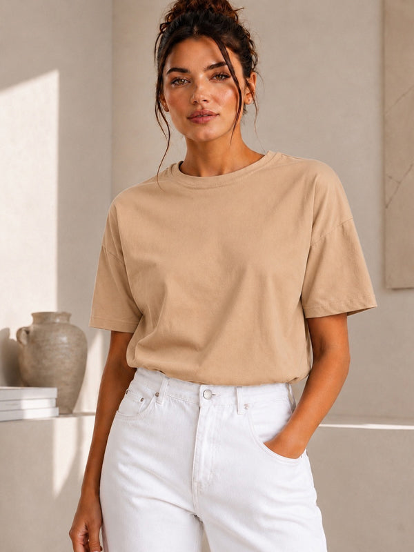Kadın Basic Bej %100 Pamuk T-Shirt