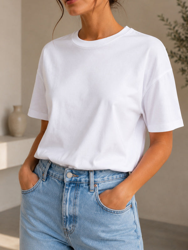 Kadın Basic Beyaz %100 Pamuk T-Shirt
