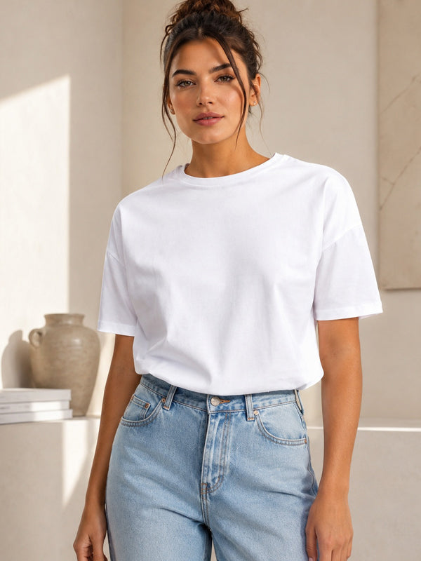 Kadın Basic Beyaz %100 Pamuk T-Shirt