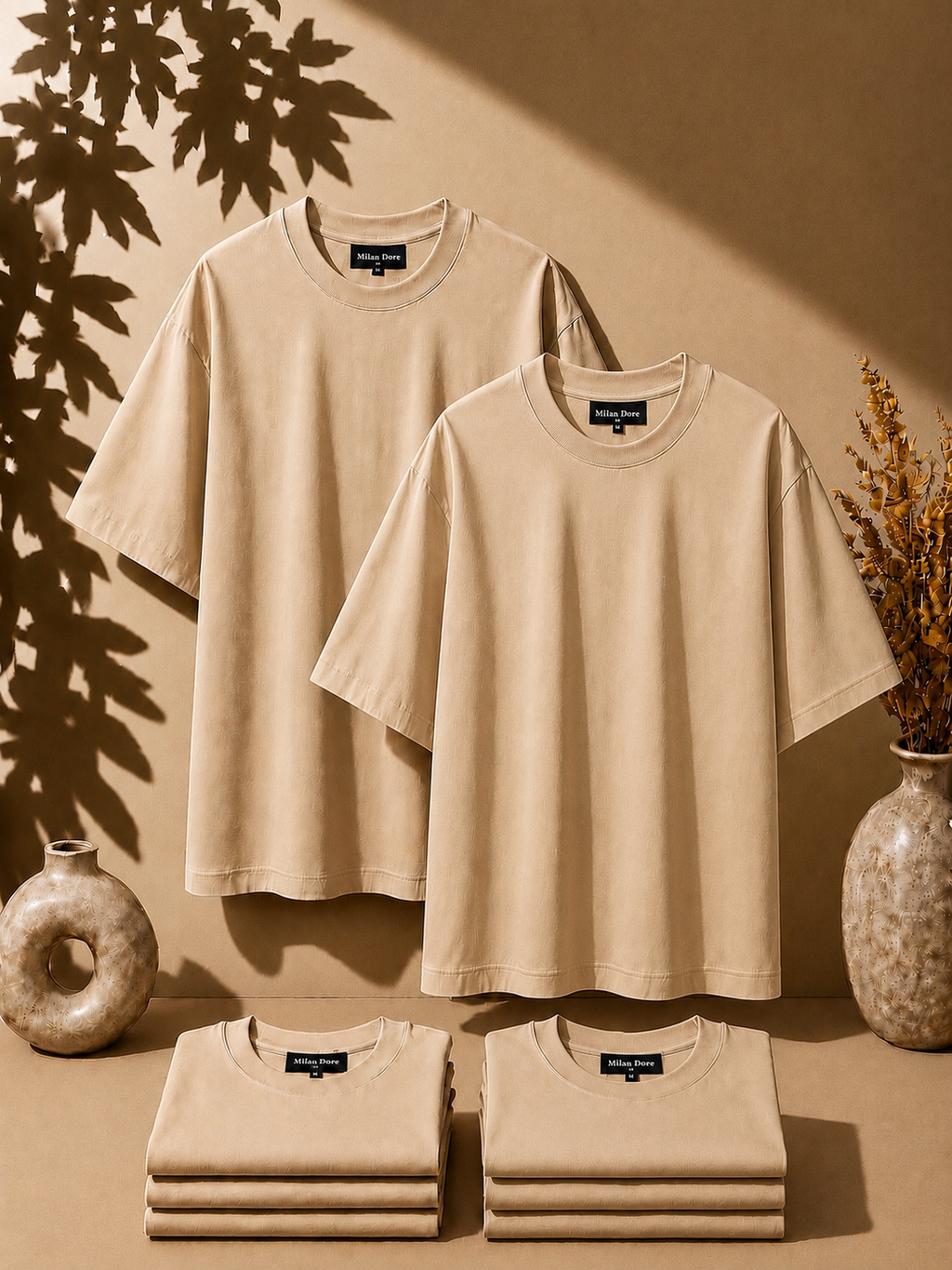 2 Adet Erkek Oversize %100 Pamuk Bej T-Shirt
